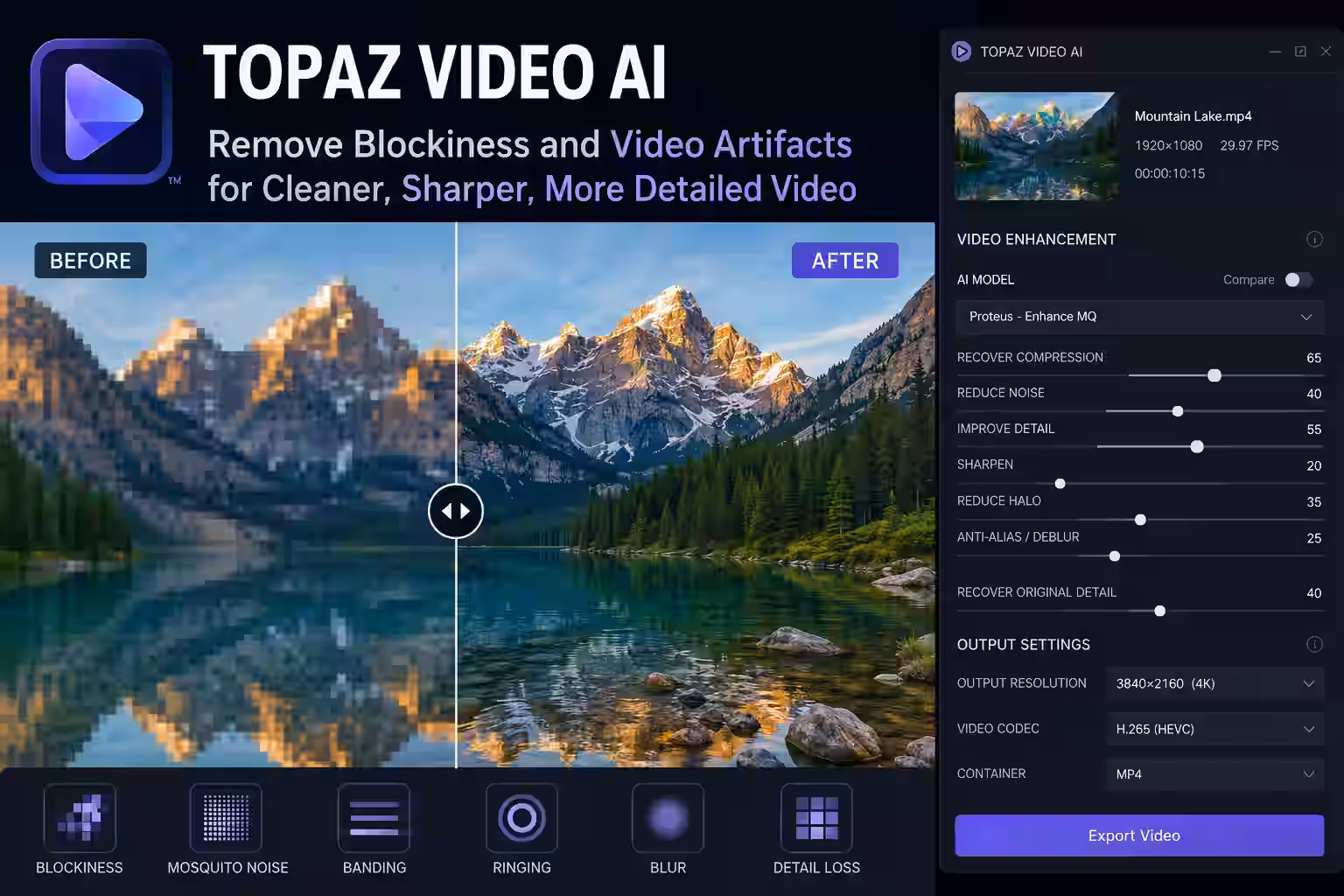 Topaz Video AI to remove blockiness and compression artifacts before and after comparison